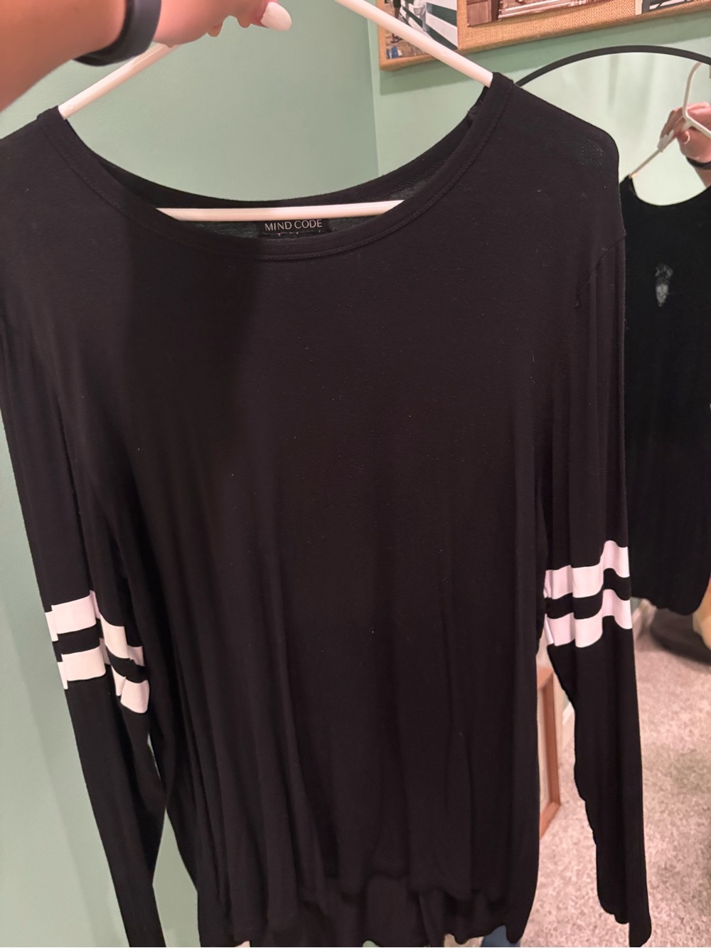 Mind Code Black Long Sleeve Top with White Sleeve Stripes
